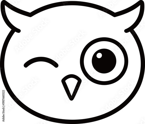 Simple line drawing of a cartoon owl face with one eye winking