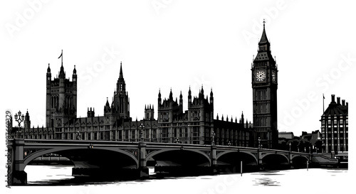 Black and White Illustration of Big Ben and Palace of Westminster
