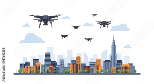 Group of Professional Drones Flying Over a Modern City Skyline