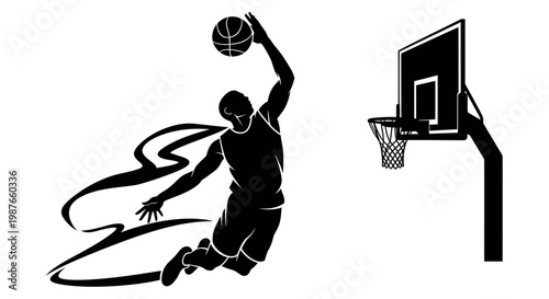 Basketball Player Jumping for Slam Dunk Silhouette Vector