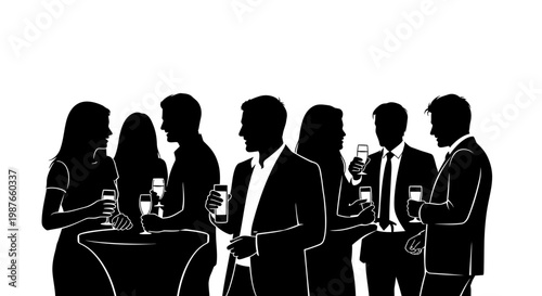 Vector silhouette of business people networking at cocktail party