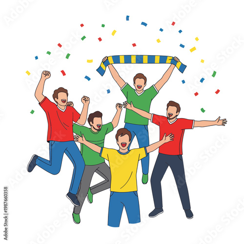 Excited Sports Fans Celebrating Victory with Confetti