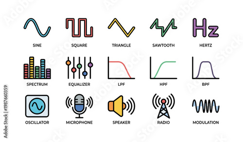 Audio waveform and sound equipment icons featuring sine and triangle waves