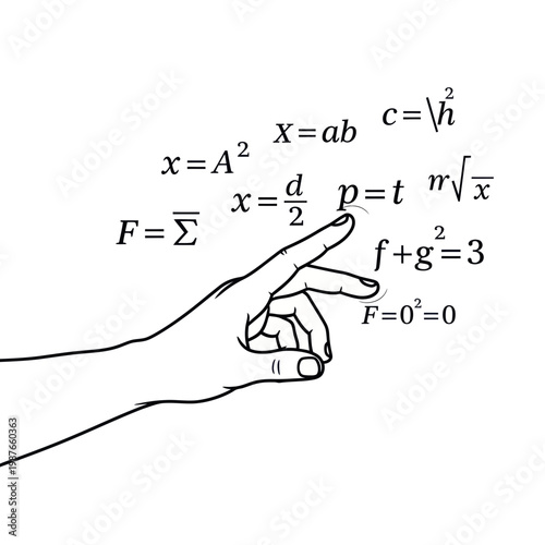 Hand pointing at mathematical formulas, abstract concept of calculation and problem solving