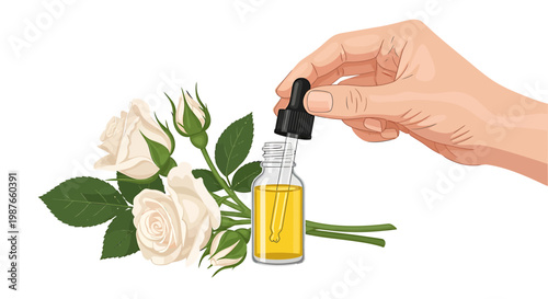 Rose Essential Oil Bottle and Dropper with White Roses Vector