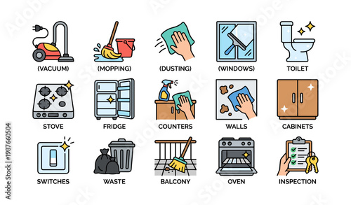 Home cleaning icons: vacuum, mopping, dusting, windows, stove, fridge, waste management, inspection