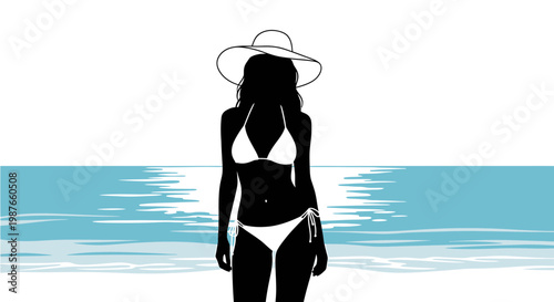 Vector silhouette of woman in bikini on tropical beach background