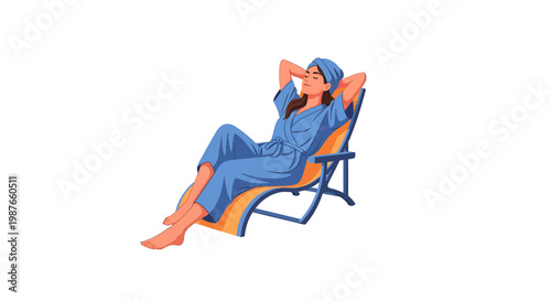 Woman Relaxing in Bathrobe on Deck Chair Vector Illustration