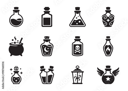 Set of black vector silhouette potion bottles and cauldrons for magic or alchemy illustration.