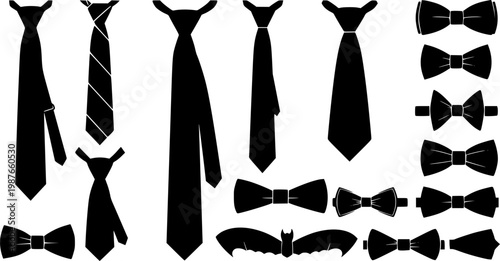 Collection of various neckties and bow ties. 
