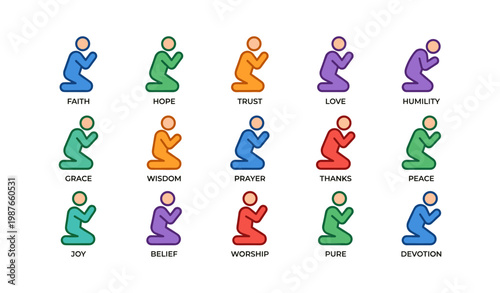 Colorful icons representing faith, love, and devotion in prayer positions