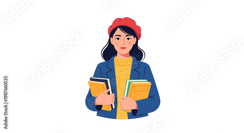 Female Student in Beret Holding Books Vector Illustration