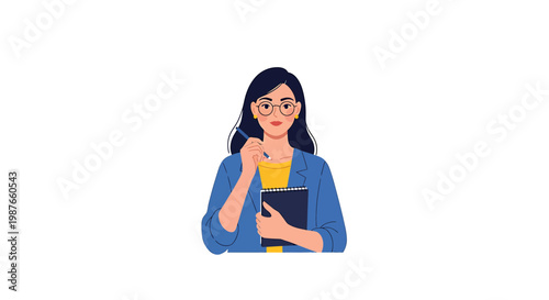 Professional Woman with Glasses Holding Notebook and Pen Vector