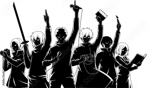 A group of anime-style characters in silhouette, raising their hands with various objects, suggesting a celebration or performance.
