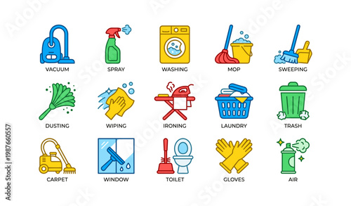 Colorful household cleaning icons for diverse chores