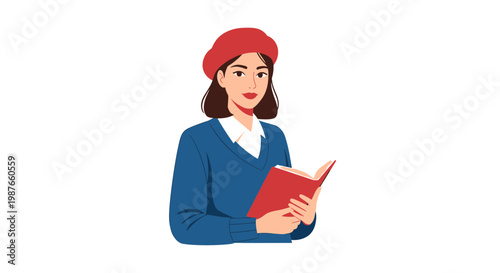 Young woman in red beret holding a book vector illustration
