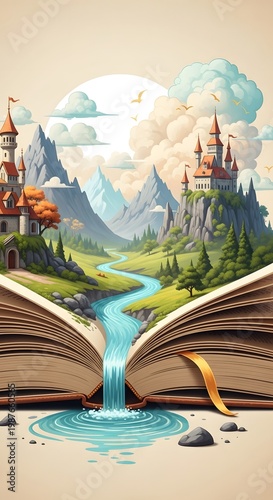 Fantasy Castle Scenic Illustration with Mountain and River
