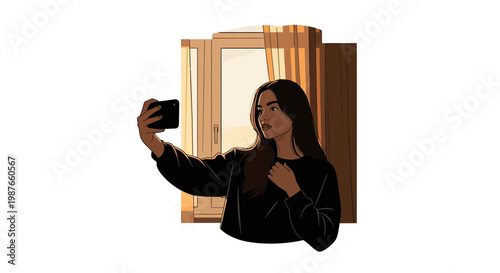 Young Woman Taking Selfie on Smartphone Near Window Illustration