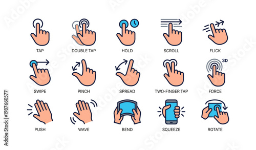 Set of 16 iconic hand gestures including tap, swipe, and rotate