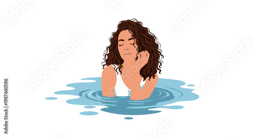 Vector illustration of a serene woman with curly hair in water