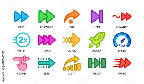Colorful multimedia control icons including fast forward and skip arrows