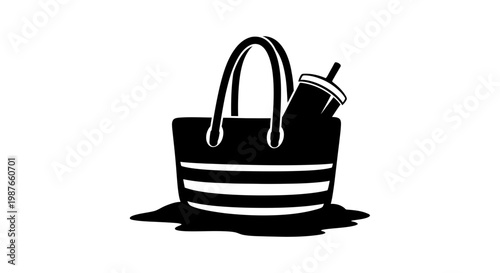 Beach Bag with Drink Silhouette Vector Illustration