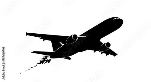 Jet Plane Silhouette Taking Off with Stylized Smoke and Flames