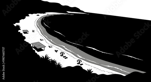 Minimalist Black and White Vector Illustration of Coastal Beach Bay