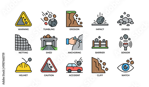 Rockfall hazard prevention icons: warning, impact, barriers, safety measures