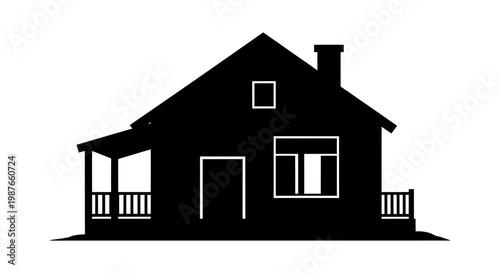 Black Silhouette of a Classic Suburban House with Porch Vector