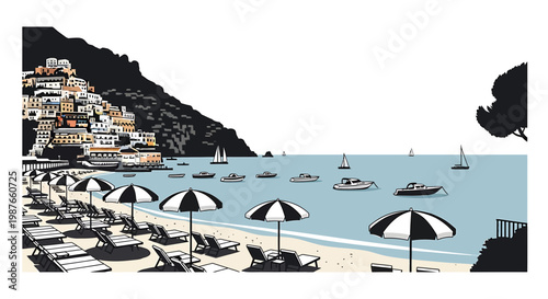 Positano Amalfi Coast Italy Beach Vector Illustration