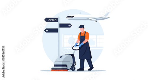 Airport Cleaning Professional with Floor Scrubber Machine Vector