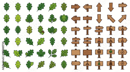 Set of green oak leaves and rustic wooden directional signs with camping icons, eps vector illustration.