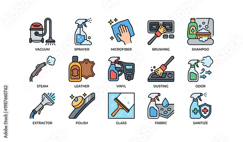 Car cleaning and detailing tools: vacuum, sprayer, microfiber, brushing, shampoo