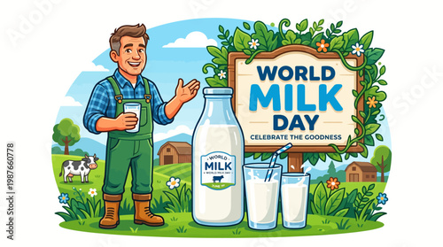 Happy dairy farmer holding milk glass with large bottle and World Milk Day sign, eps vector illustration.