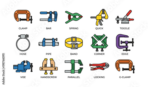 Colorful collection of diverse clamps and tools for various applications