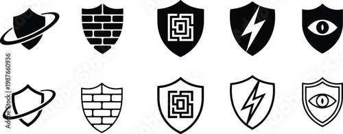 Collection of shield icons with various security symbols and designs