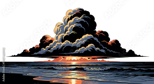 Dramatic Sunset Over Ocean with Stylized Storm Clouds Vector Art