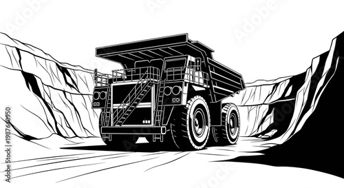 Giant Mining Haul Truck in Open Pit Quarry Vector Art Illustration