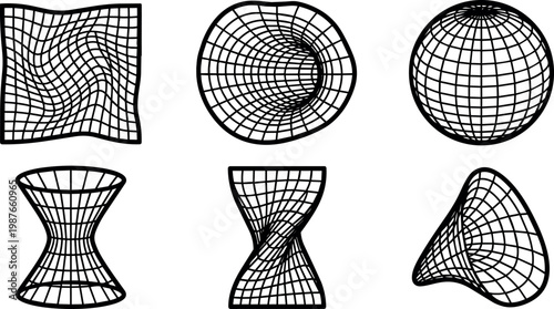 Black and white warped grid wireframe shapes with spherical and cylindrical distortions