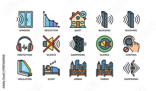 Soundproofing icons depicting noise reduction and acoustic control in urban and home settings