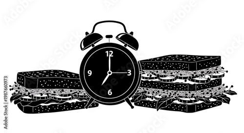 Sandwich and Alarm Clock Illustration for Meal Time Concept