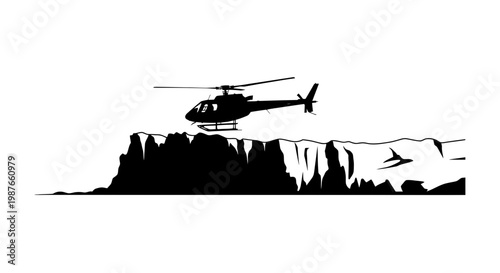 Helicopter Silhouette Flying Over Rugged Mountain Ridge Vector