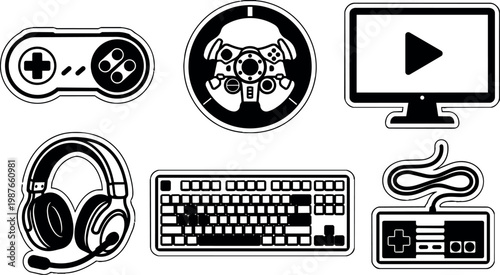 Black and white video game controllers keyboard headset and monitor vector art icons