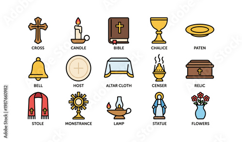 Set of colorful catholic liturgical items and symbols for church worship