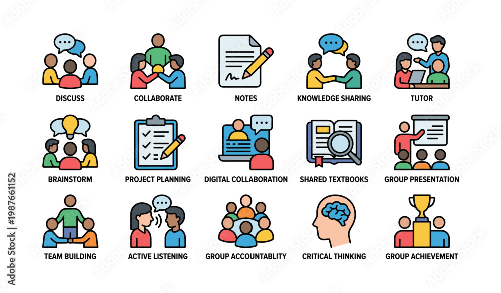 Fototapeta premium Educational icons for group collaboration and learning with discussions and presentations