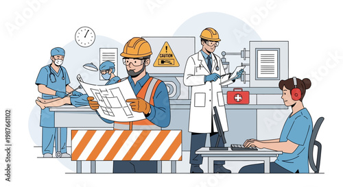 Illustrated characters in a work environment depict workplace accident prevention on World Day for Safety and Health at Work, with safety measures in place and a clean, vector-style design