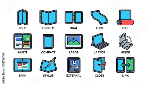 Foldable technology icons: fold, dual, laptop, stylus, smartphone