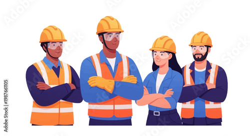 A diverse team of construction workers stands together in a vector illustration, promoting workplace accident prevention for World Day for Safety and Health at Work in a modern design