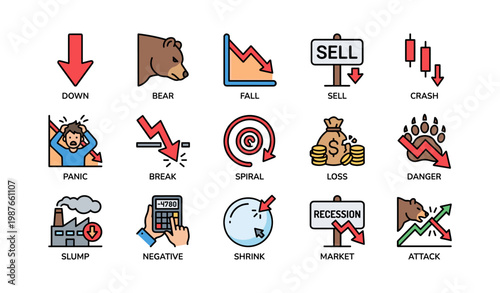 Financial crisis icons featuring bear market and economic downturn